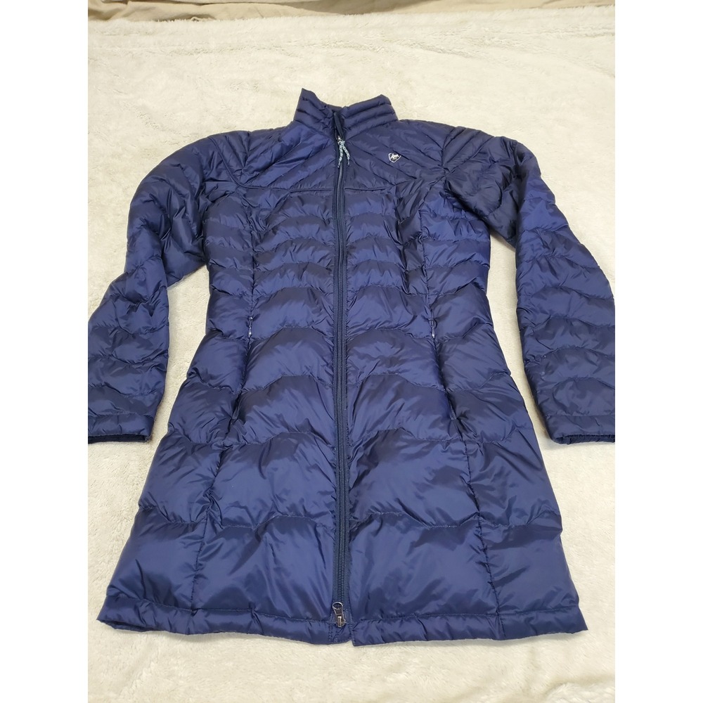 Ariat Navy Blue Quilted Puffer Down Long Coat XS Classic Staple Money Capsule